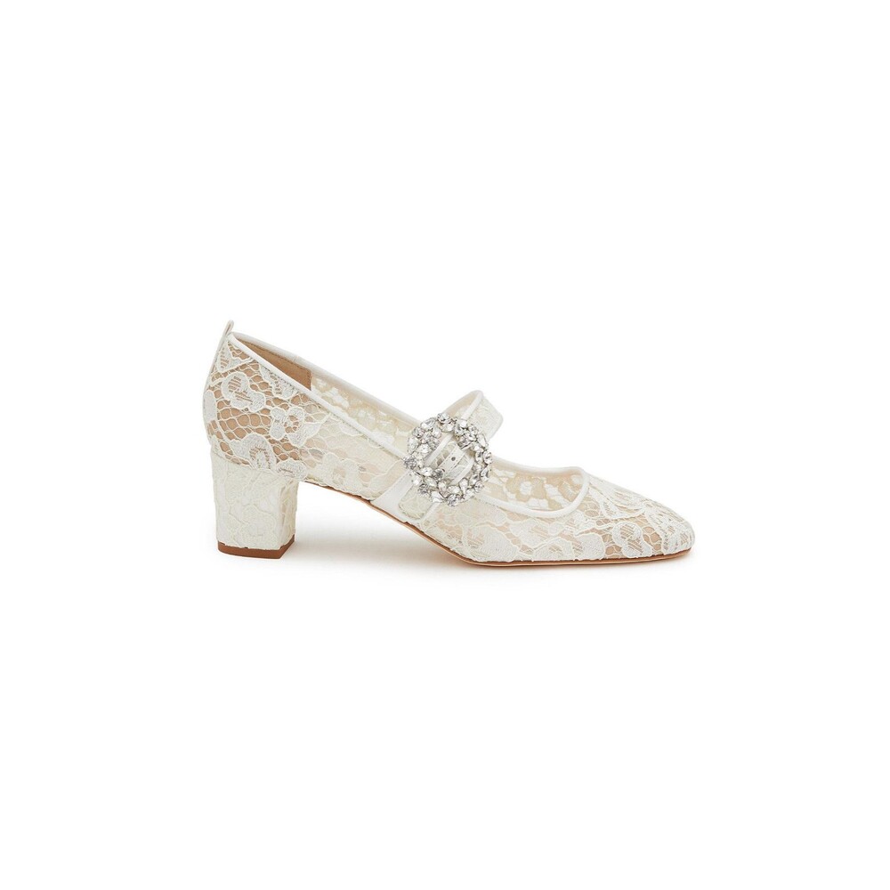 Elegant White Lace Mary Jane Heels with Crystal Buckle